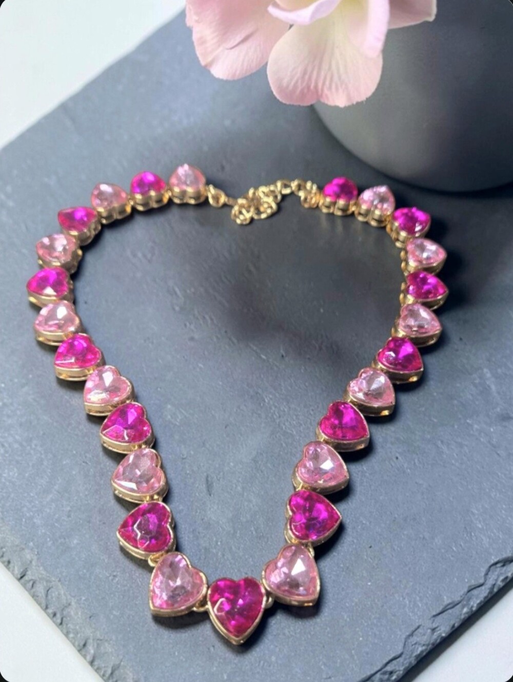 Soo Fun Gold Plated Chunky Pink Heart Candy Crystal Necklace
